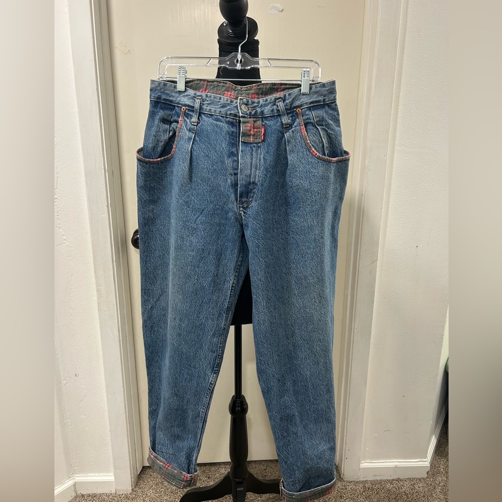 Vintage Donovan (of France) jeans with plaid accents, comparable to a US size 10